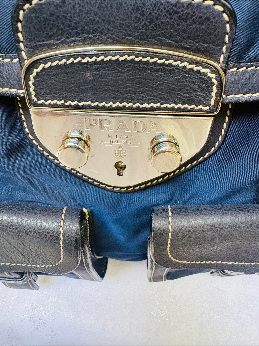 Prada Navy Nylon and Black Leather Double-Pocket Satchel with silver Hardware - Picture 7 of 15